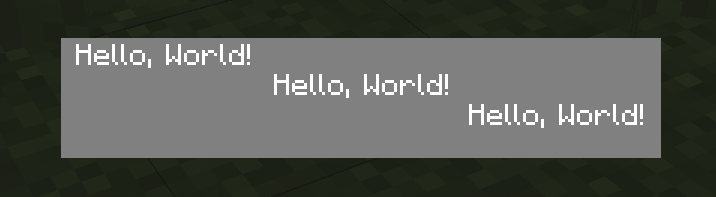 A screen with the text "Hello, World!" 3 times. Once left aligned, once center aligned, once right aligned